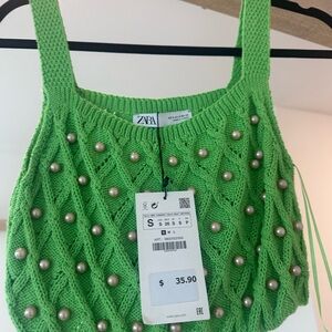 Zara Vibrant Green Knit Top with Pearl Details